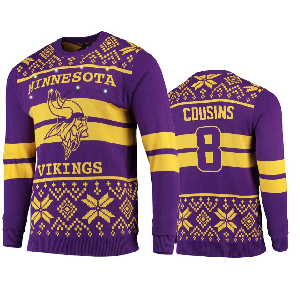 men's vikings kirk cousins purple 2019 ugly christmas light up sweater