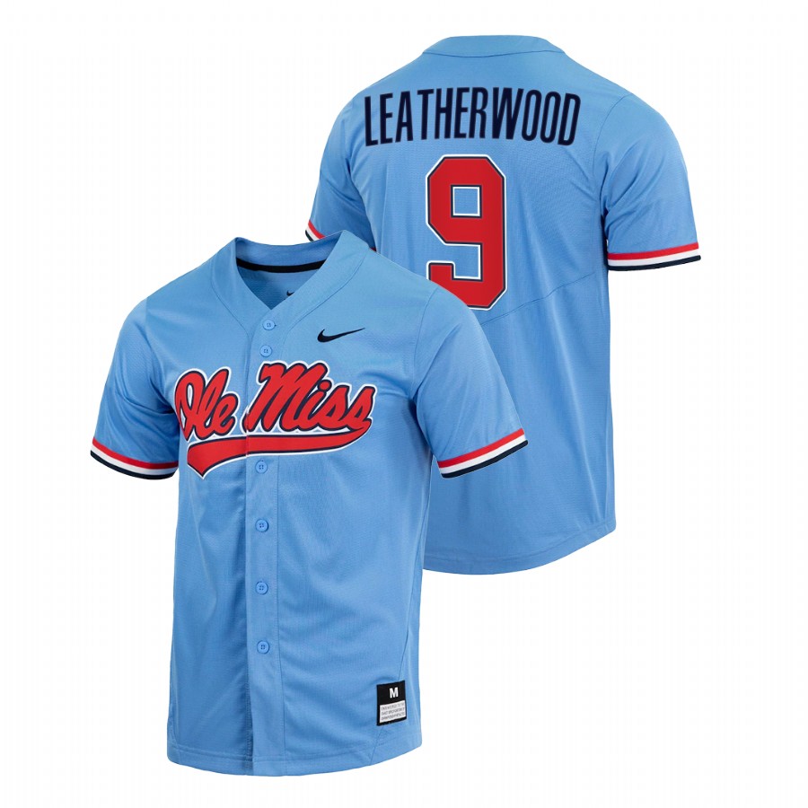 men ole miss rebels hayden leatherwood blue college baseball full button jersey