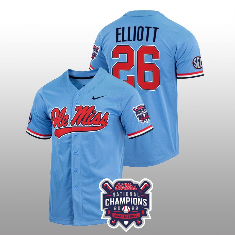 men ole miss rebels hunter elliott blue 2022 college world series champions ncaa baseball jersey