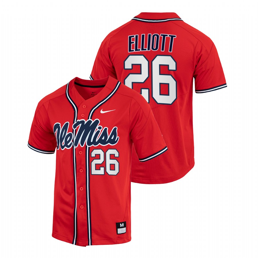 men ole miss rebels hunter elliott red 2022college baseball full button jersey