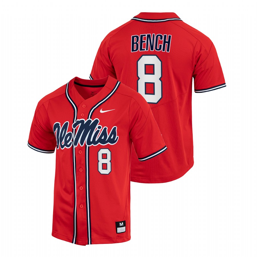 men ole miss rebels justin bench red 2022college baseball full button jersey
