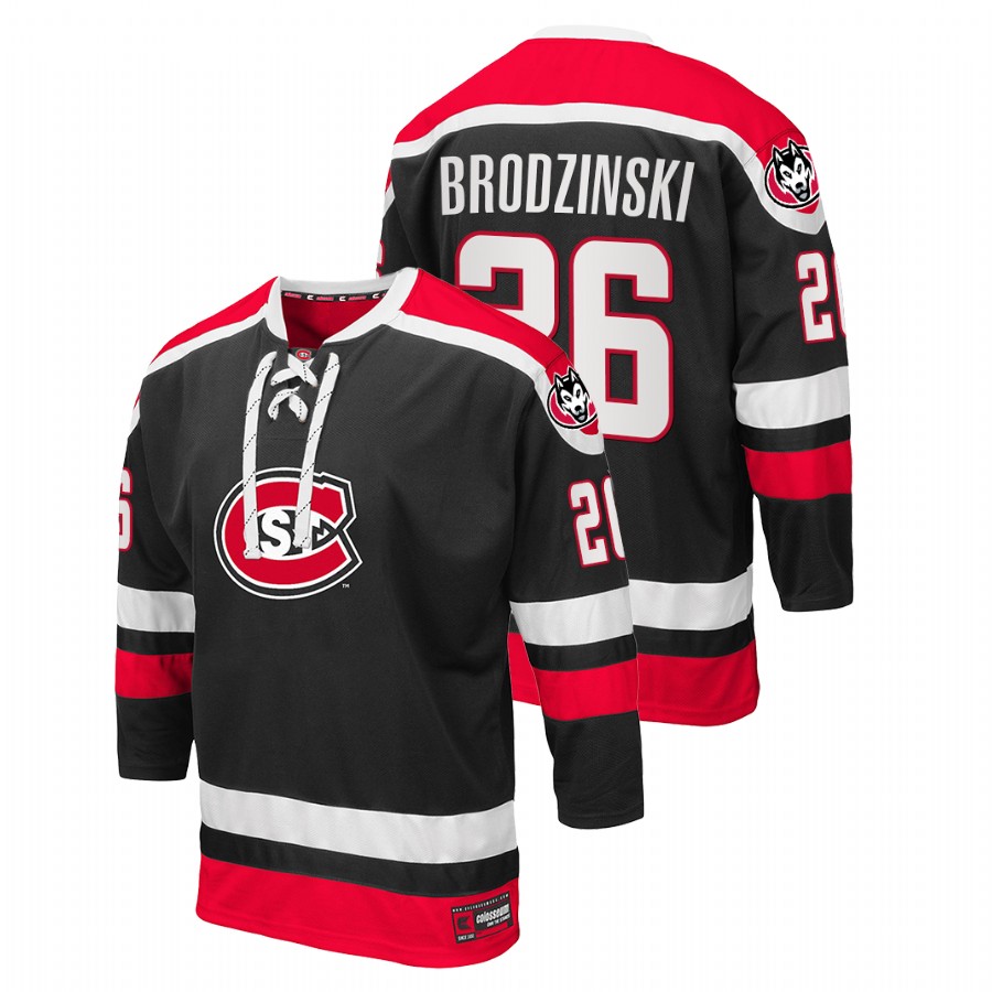 men st. cloud state huskies easton brodzinski black college hockey lace up jersey