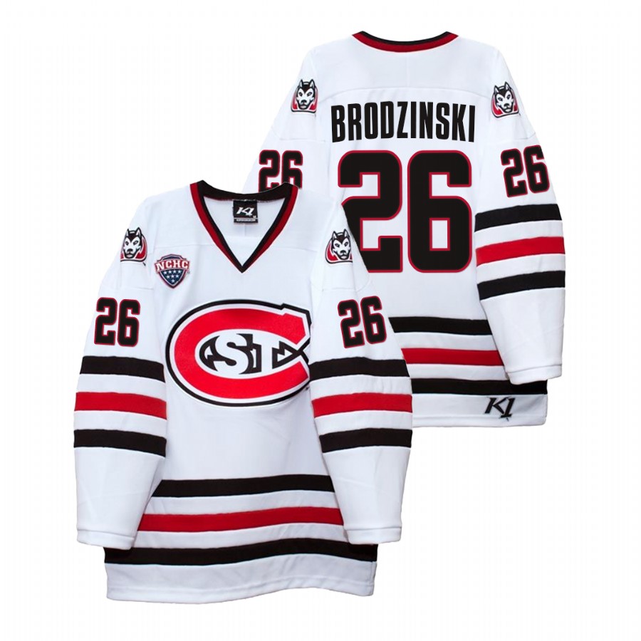 men st. cloud state huskies easton brodzinski white college hockey home jersey