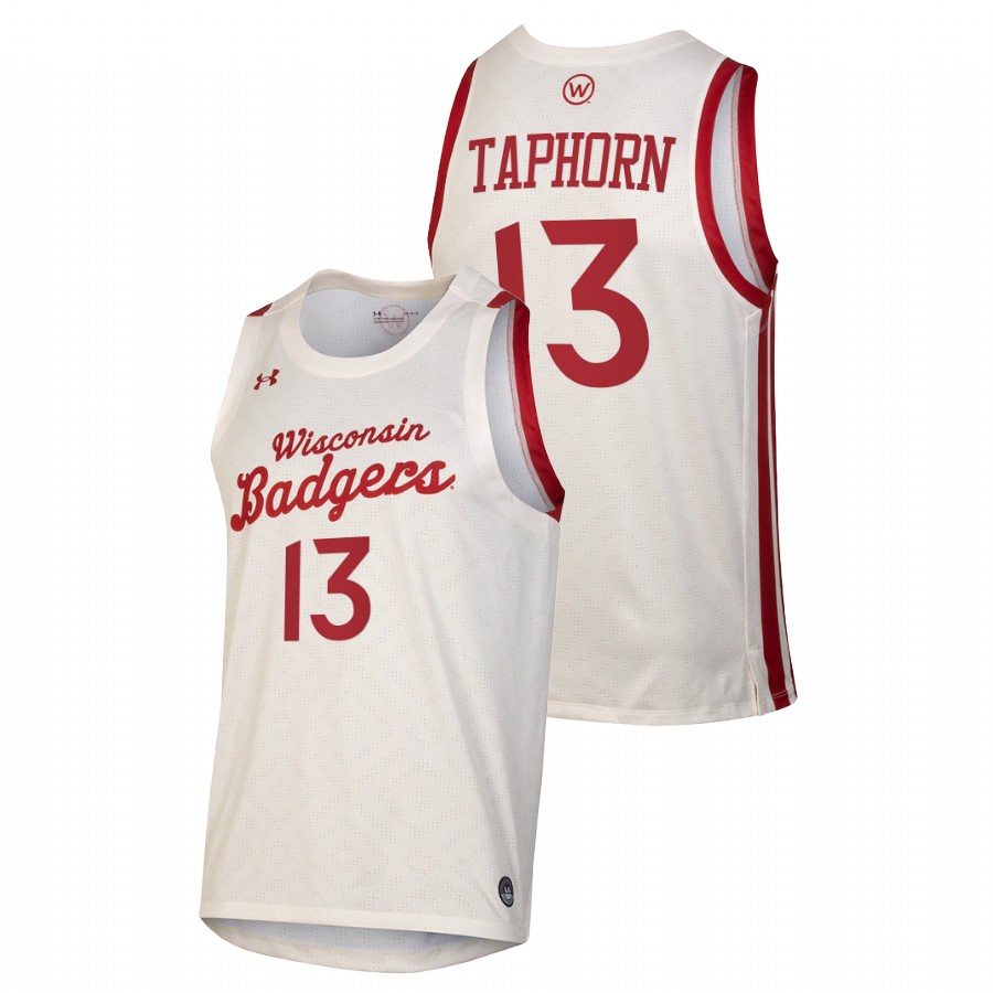 men wisconsin badgers justin taphorn 2021 college basketball throwback white jersey