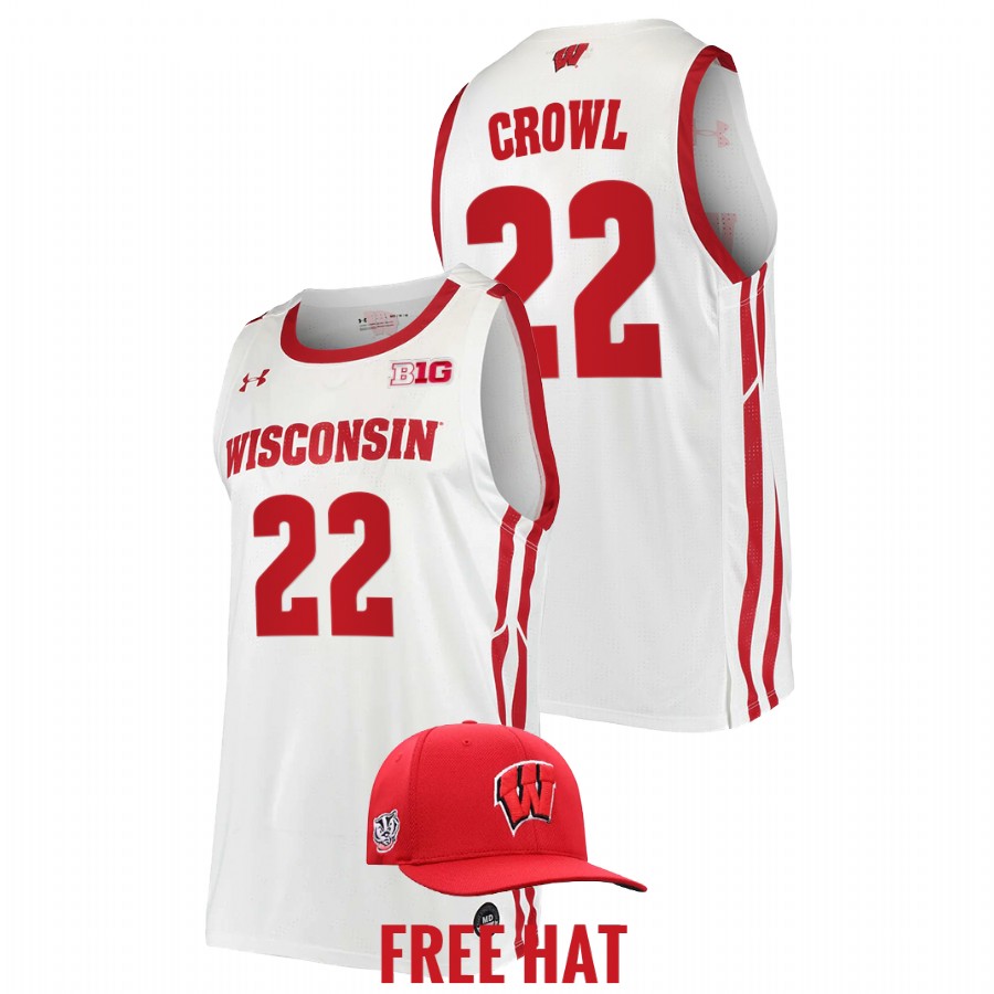 men wisconsin badgers steven crowl 2022 free hat college basketball white jersey