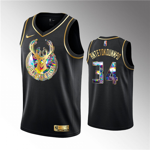 Milwaukee Bucks Giannis Antetokounmpo 2021-22 Golden Edition Diamond Logo Black  stitched Jersey #34