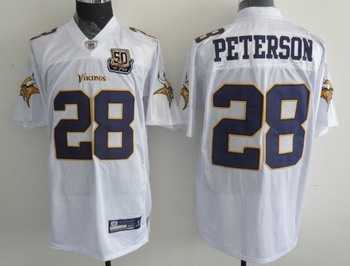minnesota vikings 28 peterson full white new jerseys with 50th patch