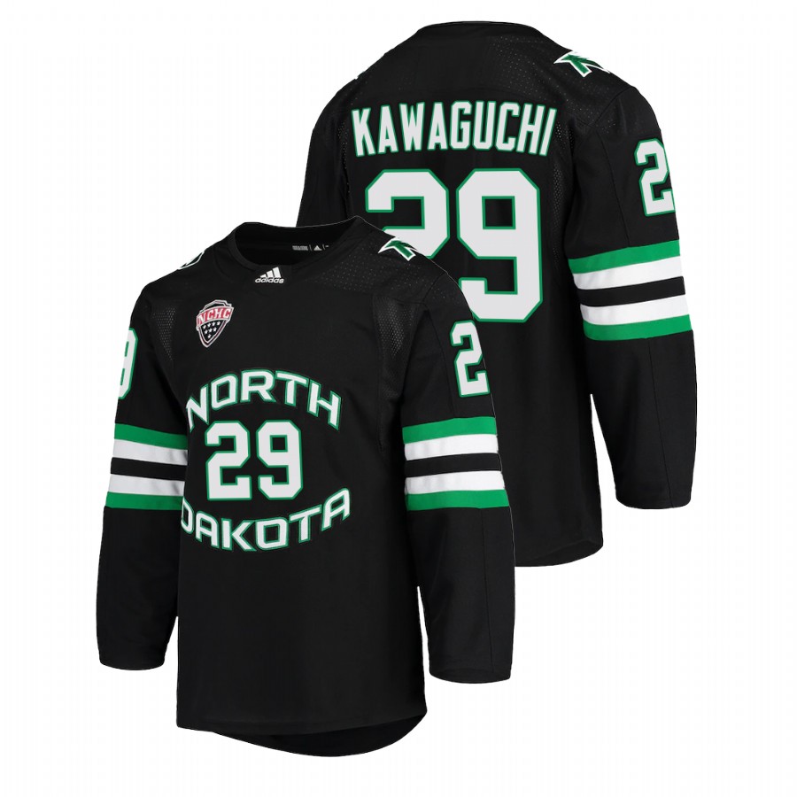 north dakota fighting hawks jordan kawaguchi black college hockey alumni jersey