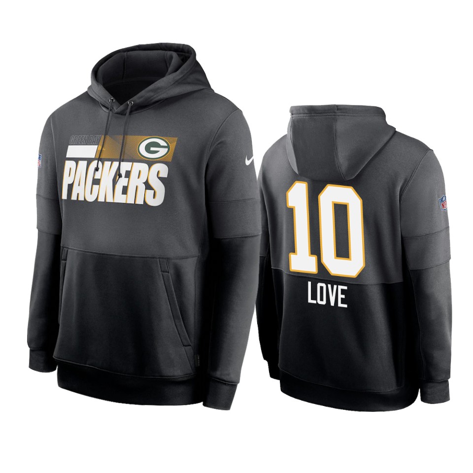 packers jordan love charcoal black sideline impact lockup hoodie
