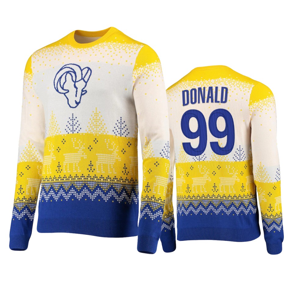 rams aaron donald white 2021 christmas gift big logo sweater