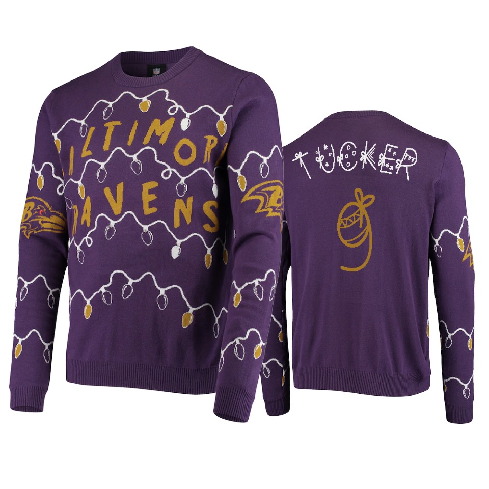 ravens justin tucker purple 2020 christmas gifts light up sweater