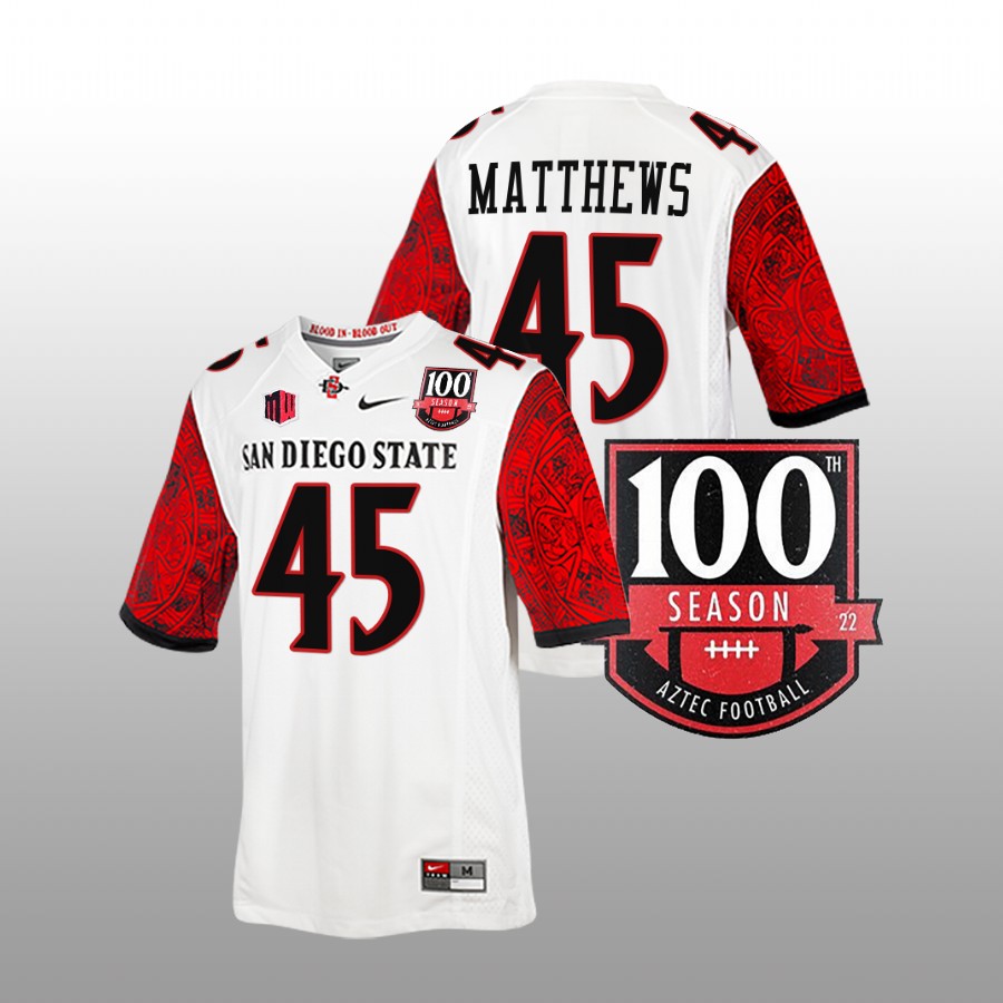 san diego state aztecs jesse matthews white 100th season patch football jersey