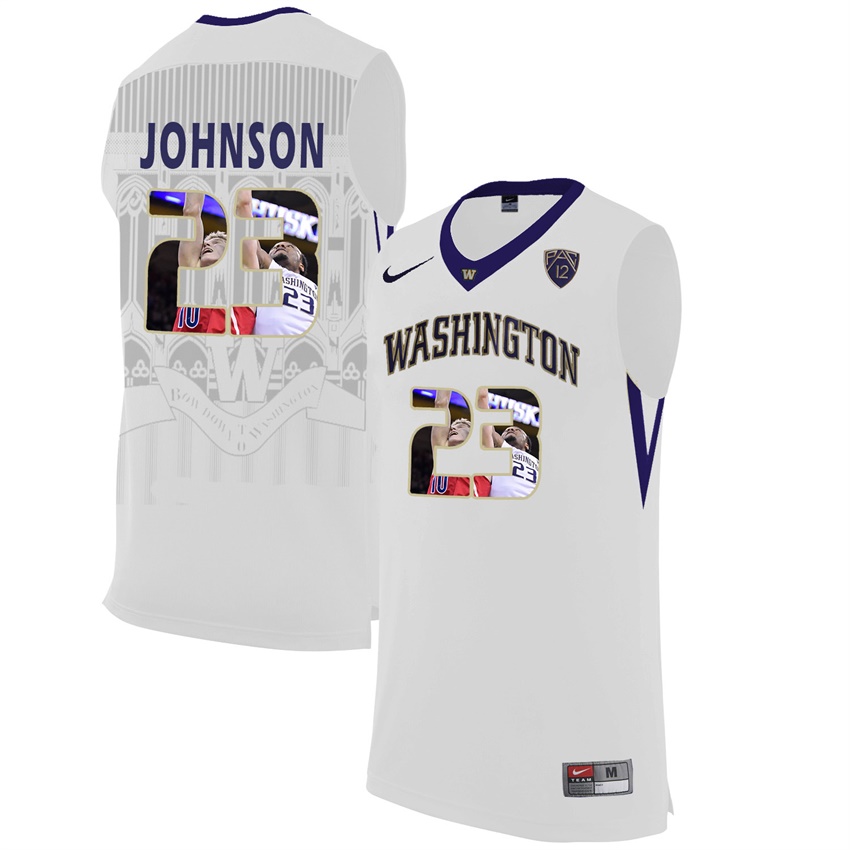 washington huskies white 23 carlos johnson ncaa college basketball player portrait fashion jersey