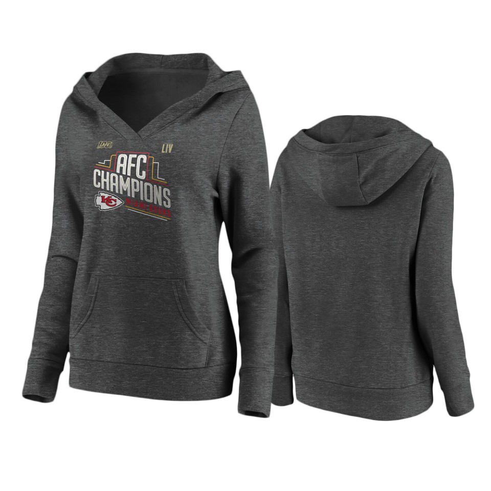 women's kansas city chiefs heather charcoal 2019 afc champions locker room crossover hoodie