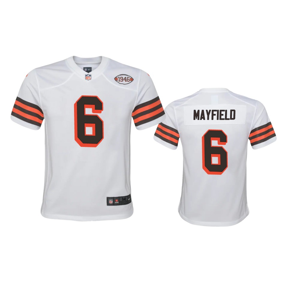 youth baker mayfield browns white 1946 collection alternate game jersey