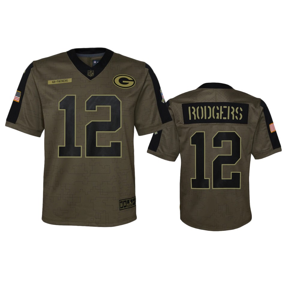 youth packers aaron rodgers olive game 2021 salute to service jersey