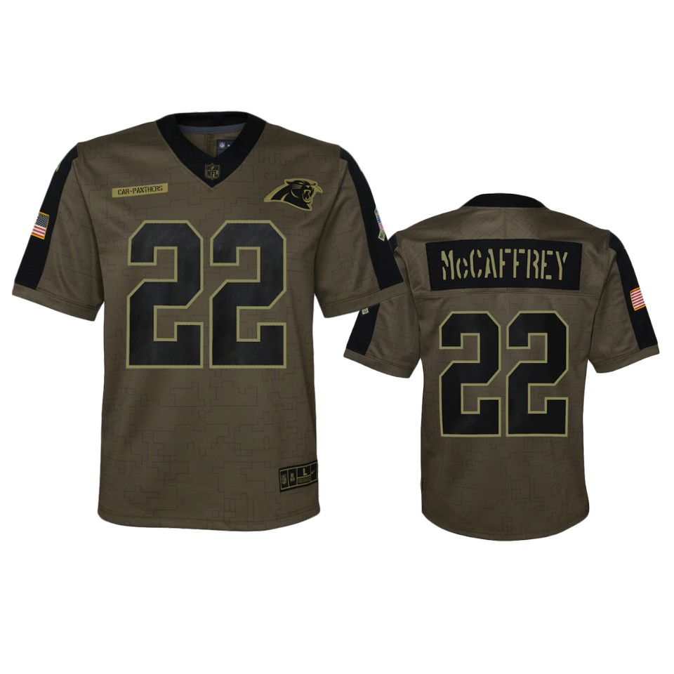 youth panthers christian mccaffrey olive game 2021 salute to service jersey